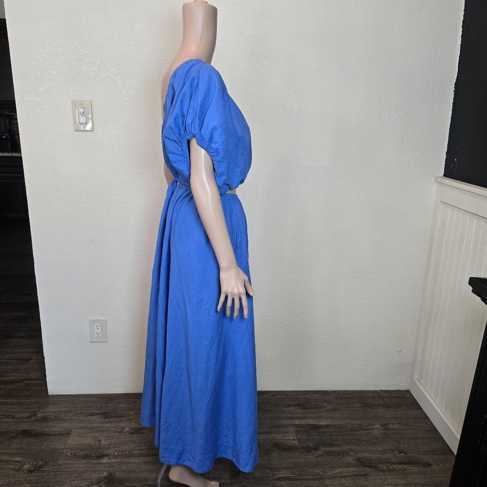 Farm Rio Copacabana Women's Blue Tie Knot One Shoulder Cutout Midi Dress Size M - Picture 7 of 16